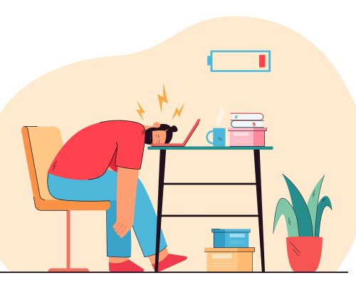 Male cartoon office worker with high and low battery. Positive and tired person sitting at desk with laptop flat vector illustration. Burnout syndrome, mental health concept for banner or landing page